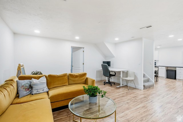 960 N E View Dr, Alpine, UT 84004 - living area with a desk, wood finished floors, recessed lighting, stairway, and baseboards