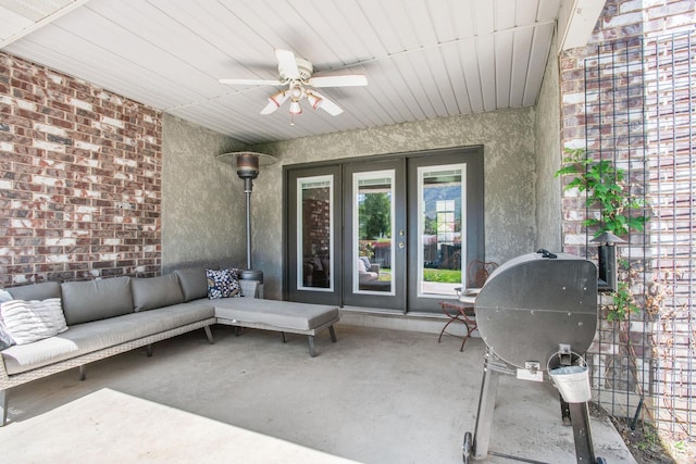 960 N E View Dr, Alpine, UT 84004 - view of patio / terrace with french doors, outdoor lounge area, a ceiling fan, and a grill