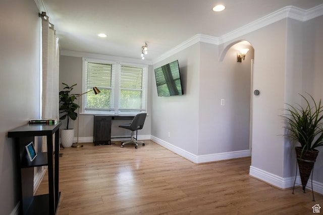 1438 E Woodland Ave S, Millcreek, UT 84106 - office area with wood finished floors, arched walkways, ornamental molding, and recessed lighting