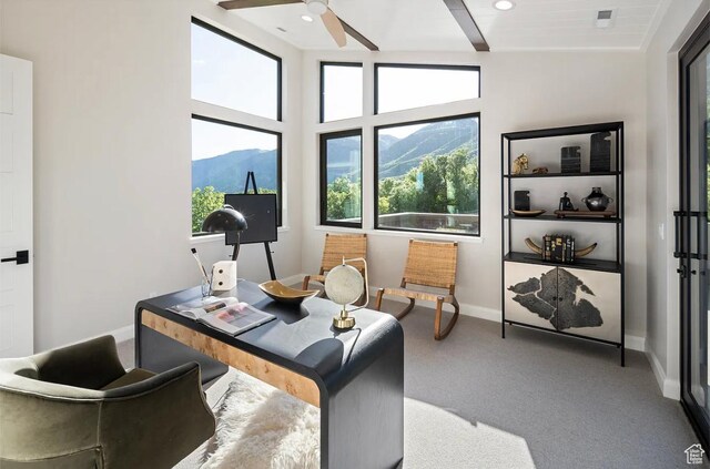 1040 S Summit Creek Dr, Woodland Hills, UT 84653 - home office featuring baseboards, a ceiling fan, a mountain view, carpet, and recessed lighting