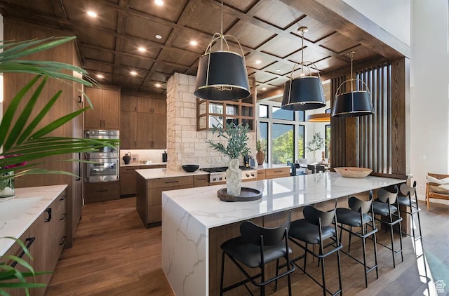 1040 S Summit Creek Dr, Woodland Hills, UT 84653 - kitchen with coffered ceiling, wood finished floors, a peninsula, tasteful backsplash, and stainless steel appliances