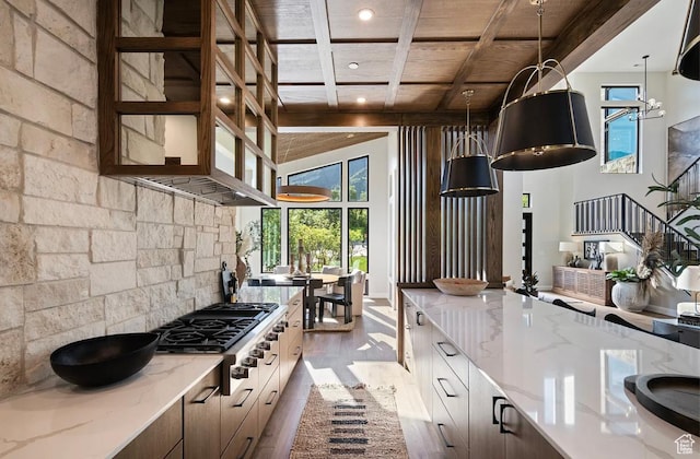 1040 S Summit Creek Dr, Woodland Hills, UT 84653 - kitchen featuring gas stovetop, wooden ceiling with exposed beams, modern cabinets, recessed lighting, and pendant lighting
