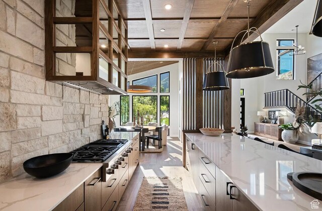 1040 S Summit Creek Dr, Woodland Hills, UT 84653 - kitchen featuring gas stovetop, wooden ceiling with exposed beams, modern cabinets, recessed lighting, and pendant lighting