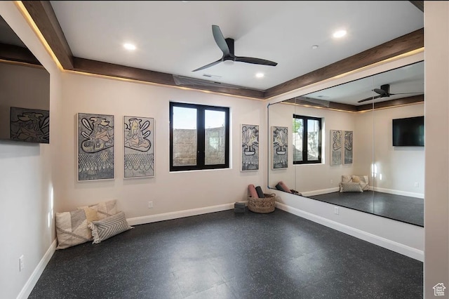 1040 S Summit Creek Dr, Woodland Hills, UT 84653 - exercise room with a ceiling fan, healthy amount of natural light, baseboards, and recessed lighting