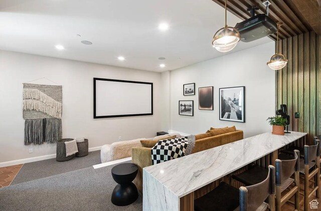 1040 S Summit Creek Dr, Woodland Hills, UT 84653 - cinema room featuring recessed lighting, baseboards, and carpet
