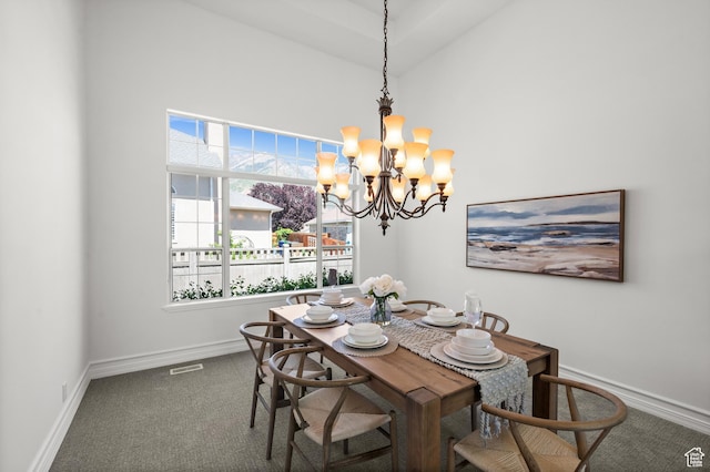 2607 E Cruise Bay Ct Unit 406, Cottonwood Heights, UT 84121 - carpeted dining room featuring a chandelier, a towering ceiling, and baseboards