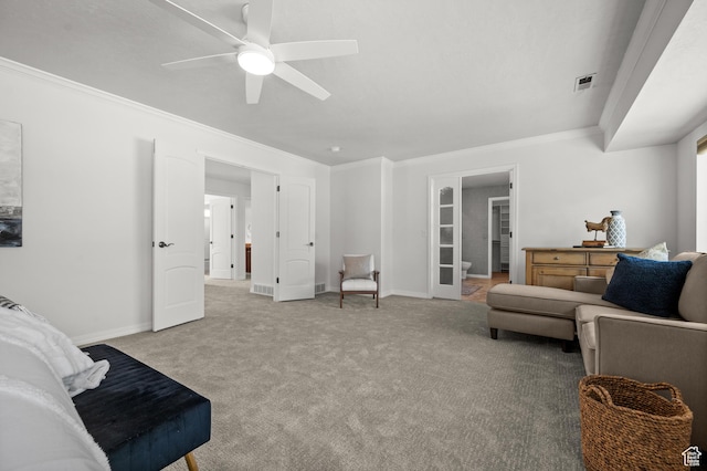 2607 E Cruise Bay Ct Unit 406, Cottonwood Heights, UT 84121 - living area with ornamental molding, a ceiling fan, carpet floors, and baseboards