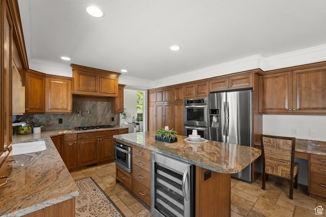 2607 E Cruise Bay Ct Unit 406, Cottonwood Heights, UT 84121 - kitchen featuring stainless steel appliances, wine cooler, stone tile floors, ornamental molding, and brown cabinets