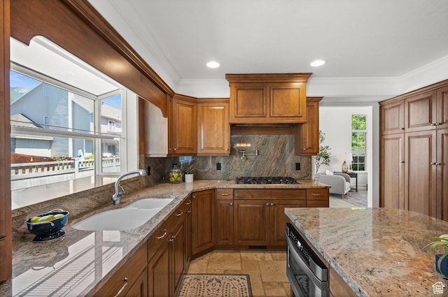 2607 E Cruise Bay Ct Unit 406, Cottonwood Heights, UT 84121 - kitchen with a sink, ornamental molding, gas cooktop, tasteful backsplash, and light stone counters
