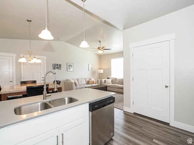 14654 S Bloom Dr W Unit K 304, Herriman, UT 84096 - kitchen with dishwasher, a sink, light countertops, lofted ceiling, and dark wood-style flooring