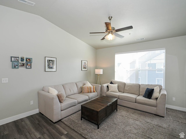 14654 S Bloom Dr W Unit K 304, Herriman, UT 84096 - living room with lofted ceiling, ceiling fan, wood finished floors, and baseboards