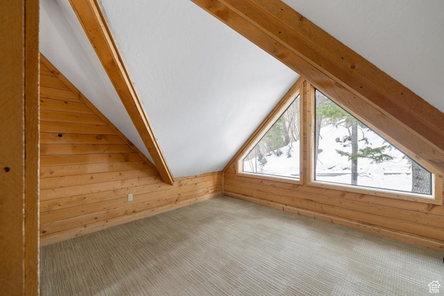 3057 E Balsam Rd, Sundance, UT 84604 - additional living space with wood walls, lofted ceiling, and carpet floors