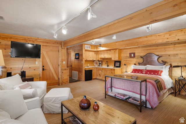 3057 E Balsam Rd, Sundance, UT 84604 - bedroom with wood walls, a sink, and rail lighting