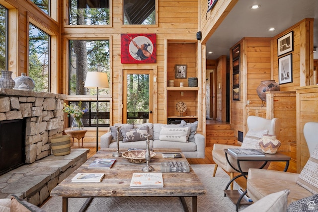 3057 E Balsam Rd, Sundance, UT 84604 - living room with wood finished floors, wood walls, recessed lighting, and healthy amount of natural light