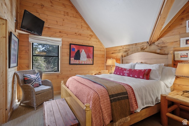 3057 E Balsam Rd, Sundance, UT 84604 - bedroom featuring wood walls, vaulted ceiling, and carpet