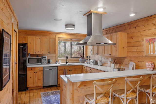 3057 E Balsam Rd, Sundance, UT 84604 - kitchen with appliances with stainless steel finishes, island range hood, a peninsula, light brown cabinets, and a sink