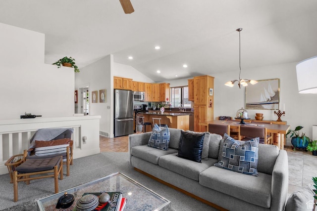2193 E Robie Hill Ln, Millcreek, UT 84109 - living room with vaulted ceiling, a chandelier, recessed lighting, and ceiling fan