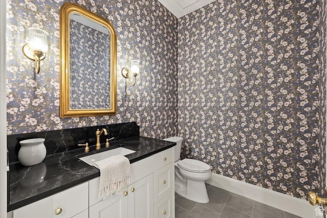 478 S Maple Lakes Dr, Mapleton, UT 84664 - bathroom with wallpapered walls, vanity, toilet, tile patterned flooring, and baseboards
