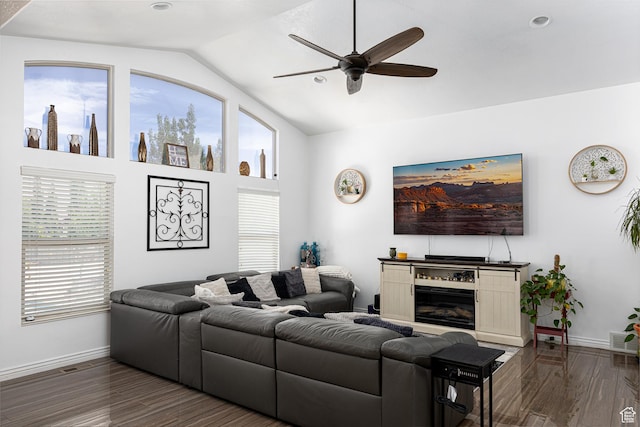 4962 S 5050 W, Hooper, UT 84315 - living area with ceiling fan, dark wood-style flooring, baseboards, and high vaulted ceiling