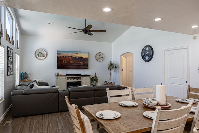 4962 S 5050 W, Hooper, UT 84315 - dining room with ceiling fan, arched walkways, lofted ceiling, recessed lighting, and dark wood finished floors