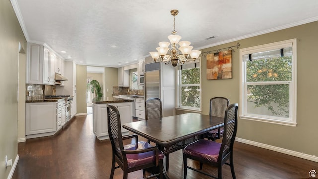 7505 S Creek Rd E, Cottonwood Heights, UT 84093 - dining area featuring a chandelier, dark wood-style flooring, baseboards, ornamental molding, and recessed lighting