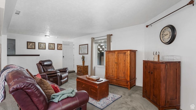 7505 S Creek Rd E, Cottonwood Heights, UT 84093 - living area featuring light carpet, electric panel, and a textured ceiling