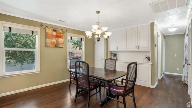 7505 S Creek Rd E, Cottonwood Heights, UT 84093 - dining space featuring a chandelier, baseboards, dark wood-style floors, and crown molding