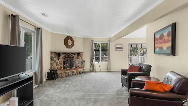 7505 S Creek Rd E, Cottonwood Heights, UT 84093 - living area featuring carpet flooring, a fireplace, crown molding, and baseboards