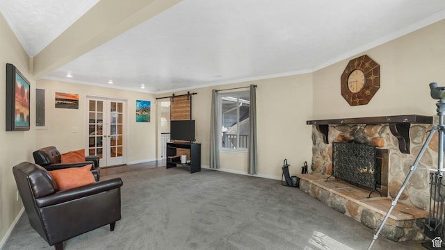 7505 S Creek Rd E, Cottonwood Heights, UT 84093 - living area featuring carpet floors, baseboards, french doors, a stone fireplace, and crown molding