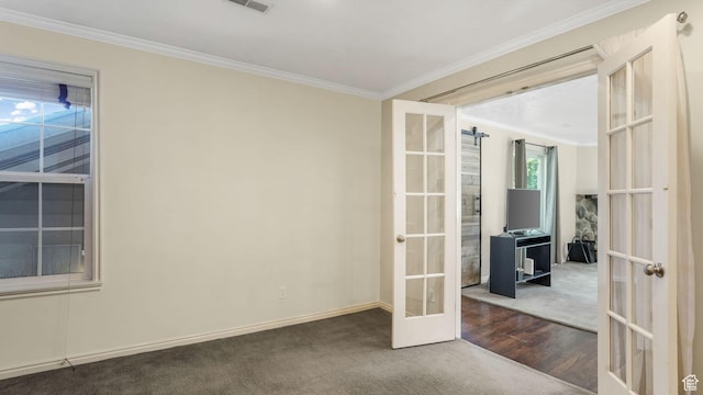 7505 S Creek Rd E, Cottonwood Heights, UT 84093 - spare room with french doors, carpet, ornamental molding, baseboards, and wood finished floors