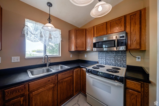 4213 S 2850 W, Roy, UT 84067 - kitchen featuring stainless steel microwave, electric range, a sink, dark countertops, and brown cabinets