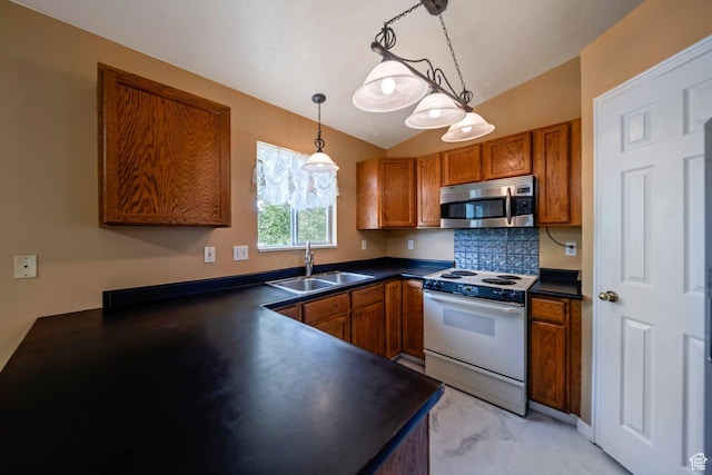 4213 S 2850 W, Roy, UT 84067 - kitchen with white electric range, a sink, stainless steel microwave, brown cabinets, and vaulted ceiling