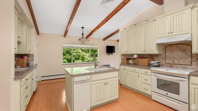 412 S 100 E, Salem, UT 84653 - kitchen featuring exhaust hood, white electric range oven, cream cabinets, a baseboard heating unit, and backsplash