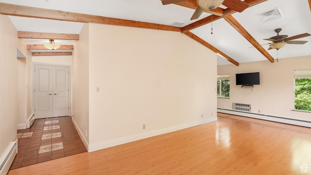 412 S 100 E, Salem, UT 84653 - unfurnished living room featuring ceiling fan, baseboard heating, wood finished floors, and baseboards