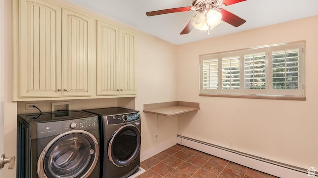 412 S 100 E, Salem, UT 84653 - laundry area featuring a baseboard radiator, washer and dryer, cabinet space, baseboards, and a ceiling fan