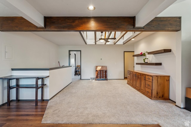 6530 Snow View Dr, Park City, UT 84098 - kitchen featuring beam ceiling, recessed lighting, electric panel, open shelves, and a ceiling fan