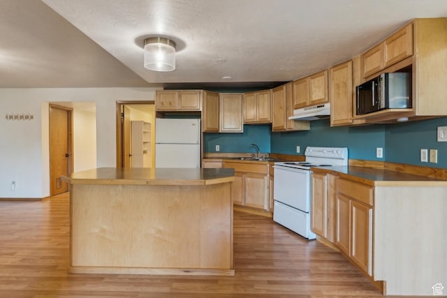 6530 Snow View Dr, Park City, UT 84098 - kitchen featuring white appliances, under cabinet range hood, a sink, and light wood-type flooring