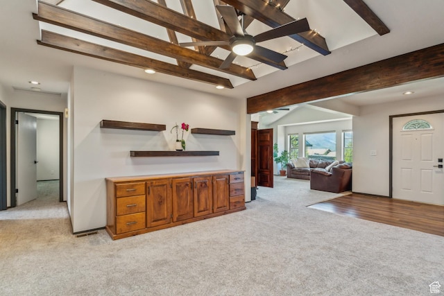 6530 Snow View Dr, Park City, UT 84098 - bar area featuring light colored carpet, beam ceiling, ceiling fan, recessed lighting, and baseboards