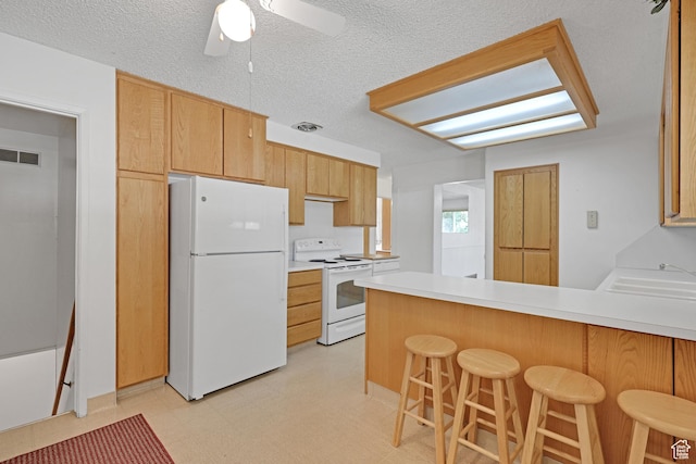 2458 N 575 E, North Ogden, UT 84414 - kitchen featuring white appliances, a peninsula, ceiling fan, light countertops, and light flooring