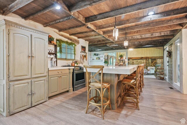 153 W 4350 N, Pleasant View, UT 84414 - kitchen with stainless steel range oven, wooden ceiling with exposed beams, light wood-style floors, light countertops, and open shelves