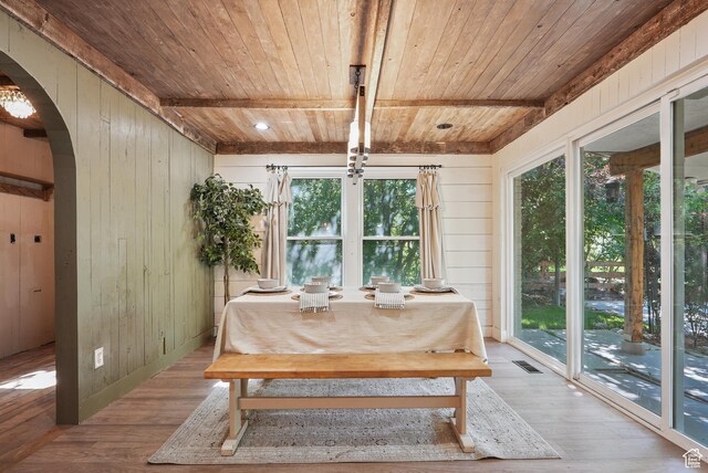 153 W 4350 N, Pleasant View, UT 84414 - dining space with wooden ceiling with exposed beams, arched walkways, wooden walls, and wood finished floors