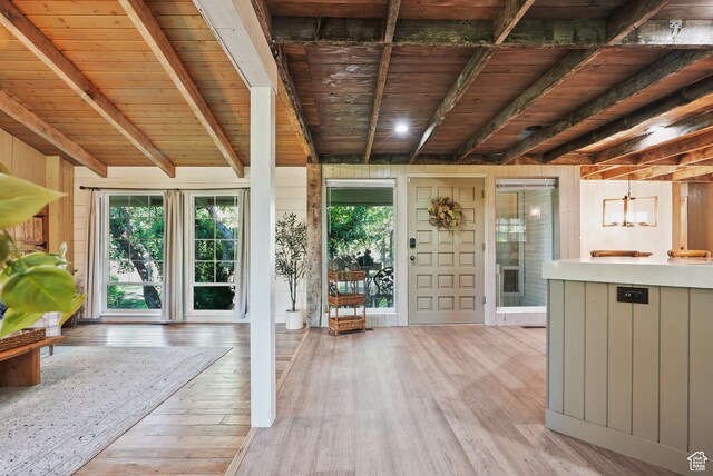 153 W 4350 N, Pleasant View, UT 84414 - interior space with wood ceiling with exposed beams, light wood-style flooring, and plenty of natural light