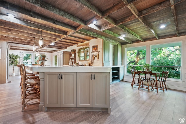 153 W 4350 N, Pleasant View, UT 84414 - kitchen featuring gray cabinetry, light countertops, light wood finished floors, healthy amount of natural light, and wooden ceiling