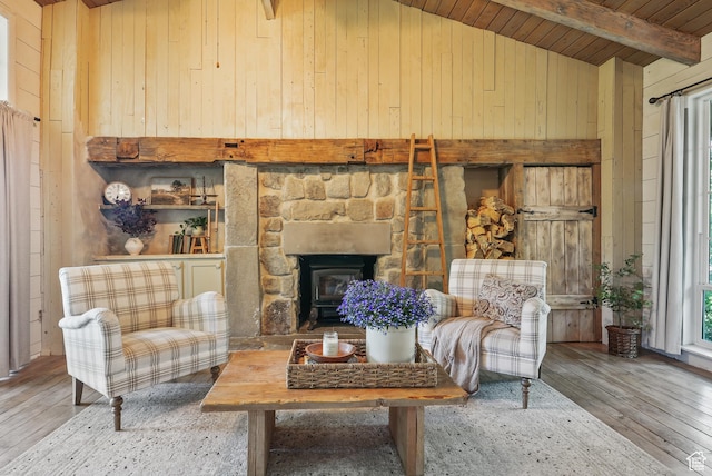 153 W 4350 N, Pleasant View, UT 84414 - living area with wood ceiling with exposed beams, wooden walls, hardwood / wood-style floors, and high vaulted ceiling