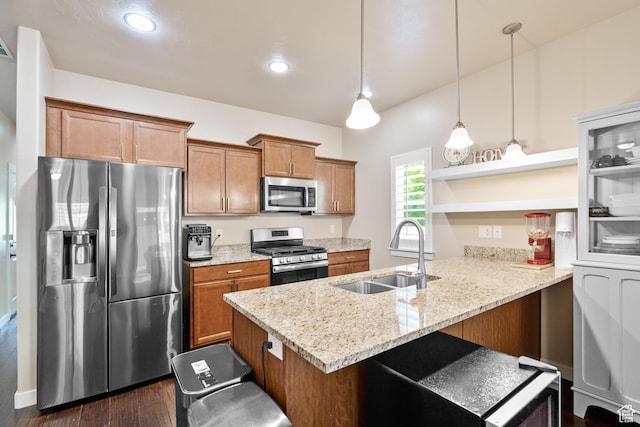 12568 S Bridal Veil Dr W, Riverton, UT 84065 - kitchen with stainless steel appliances, a sink, open shelves, a peninsula, and brown cabinets