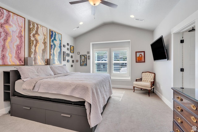 15058 S Spring Canyon Dr, Herriman, UT 84096 - bedroom with light carpet, vaulted ceiling, baseboards, a ceiling fan, and recessed lighting