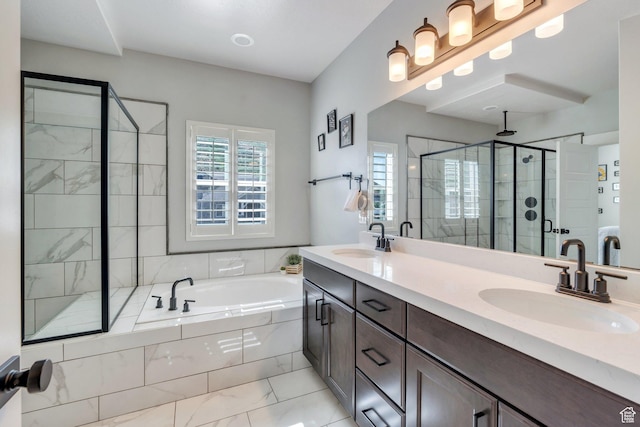 15058 S Spring Canyon Dr, Herriman, UT 84096 - full bath featuring a stall shower, marble finish flooring, a garden tub, and double vanity