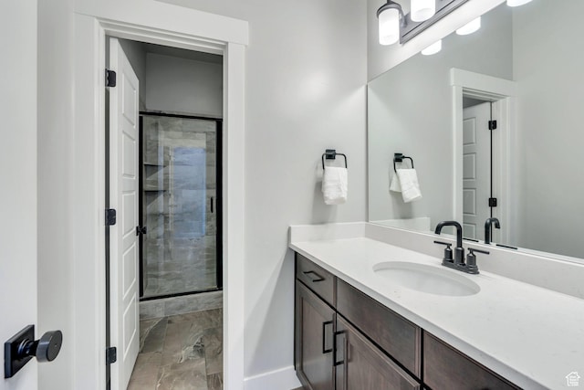 15058 S Spring Canyon Dr, Herriman, UT 84096 - bathroom with vanity, a stall shower, and baseboards