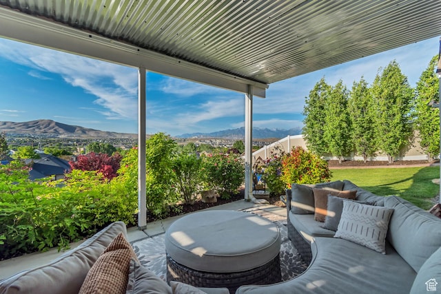 3547 E Jacobs Way, Eagle Mountain, UT 84005 - view of patio / terrace with an outdoor living space and a mountain view