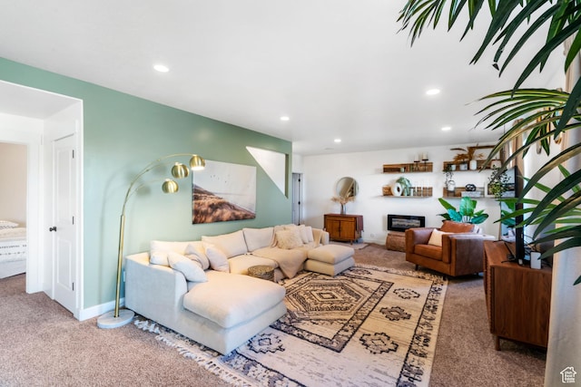 3547 E Jacobs Way, Eagle Mountain, UT 84005 - living area with carpet floors, recessed lighting, a glass covered fireplace, and baseboards